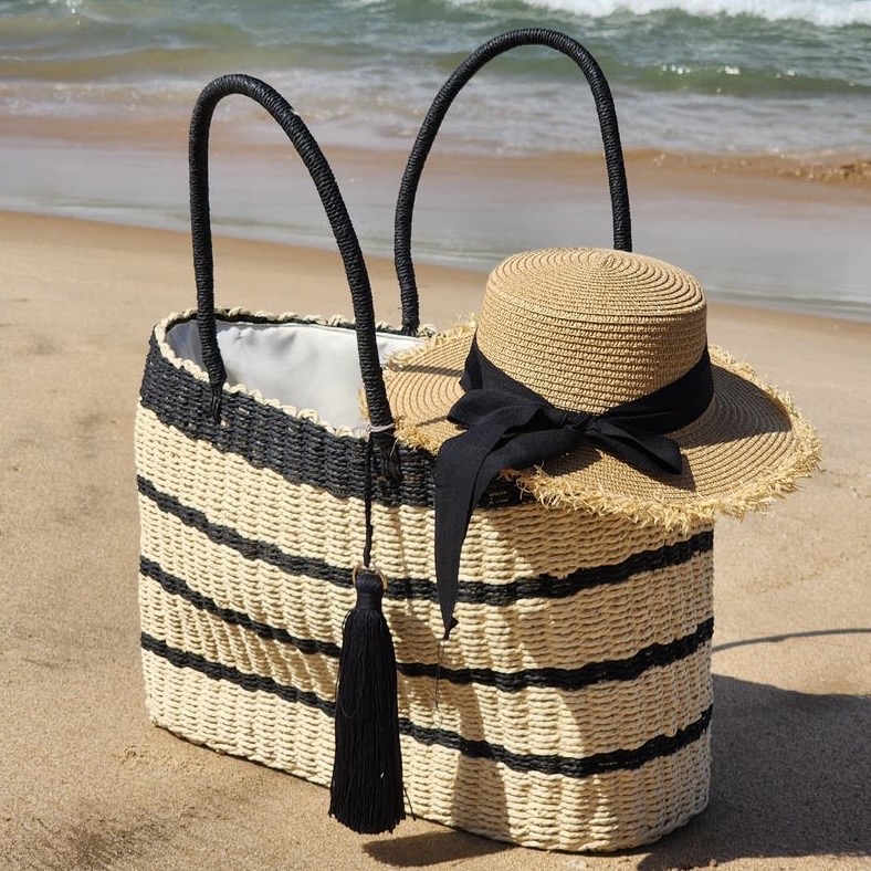 Black & Beige Stripes XL Beach Bag