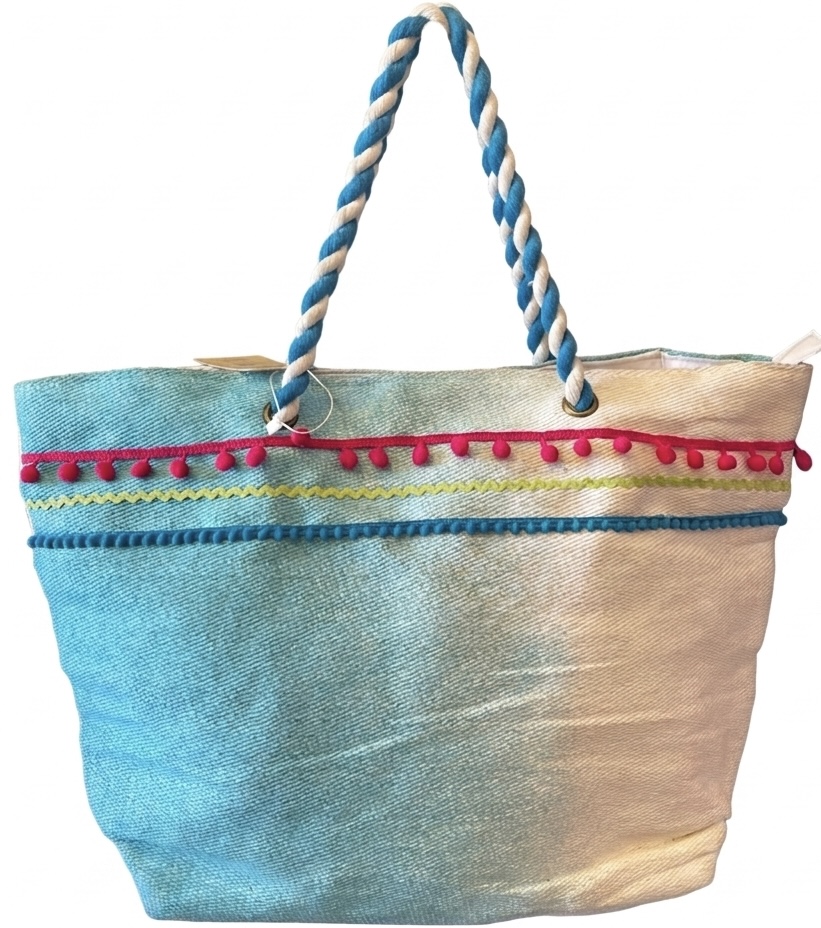 Pompom Blue & White Beach Bag