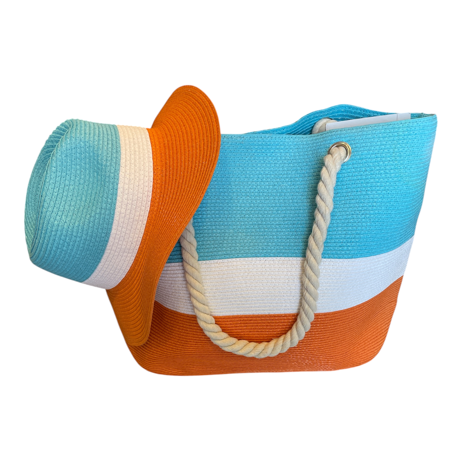 Light Blue, White & Orange Striped Beach Bag