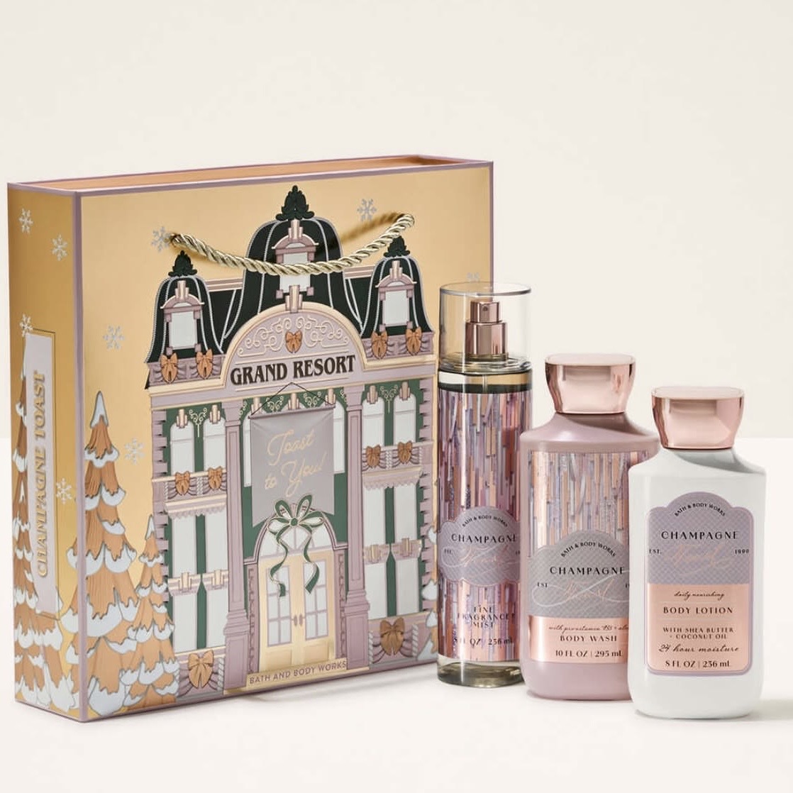 Bath And Body Works Champagne Toast Grand Resort Gift Set (Body Mist & Lotion + Shower Gel)